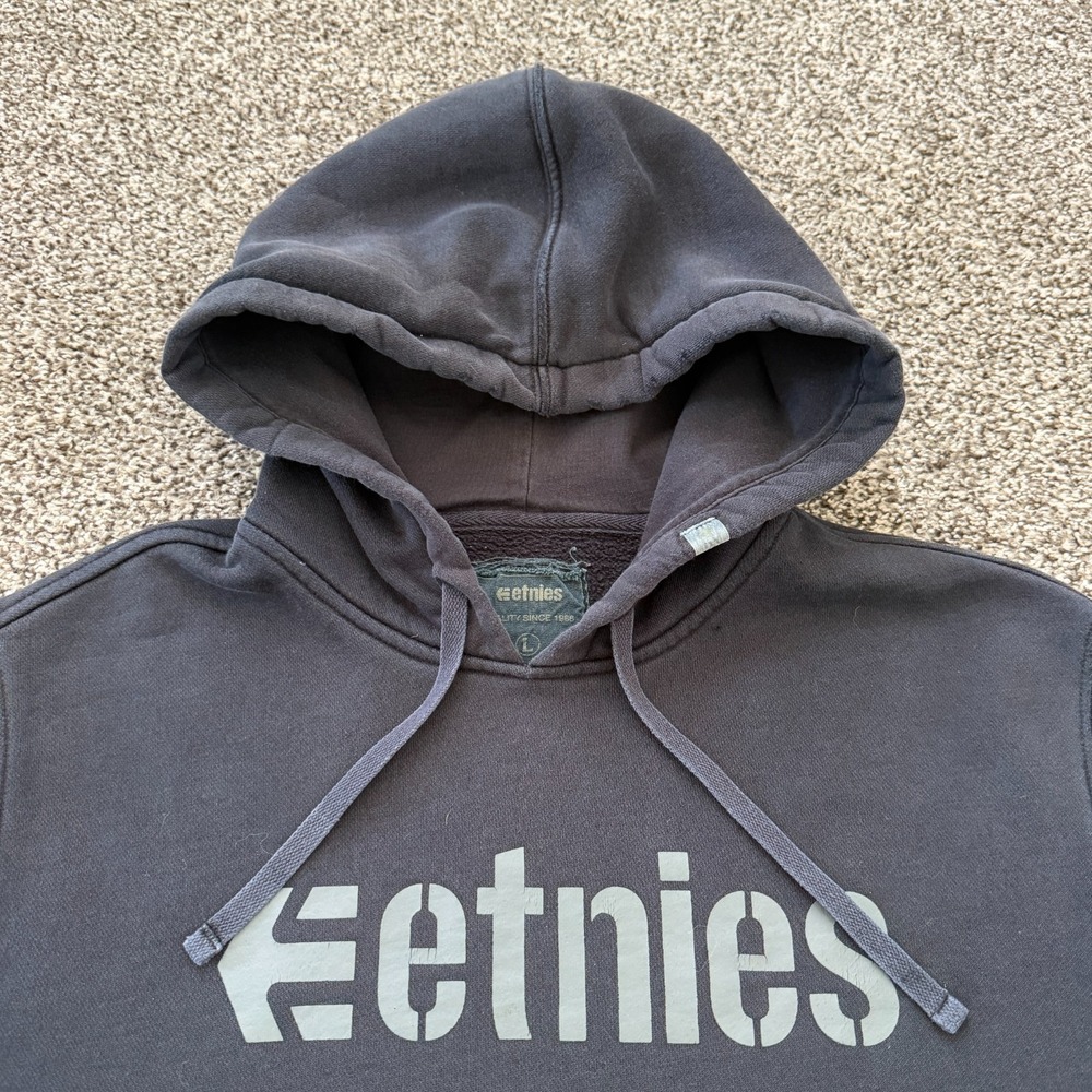 VTG Y2K Etnies Skater Hoodie Adult Large Distressed Faded Black Hooded